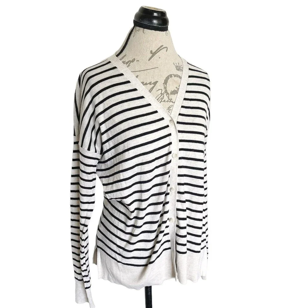 Loft Womens  Sweater Medium Cardigan Button Down Striped Beige Wool Blend Ribbed - Picture 2 of 12